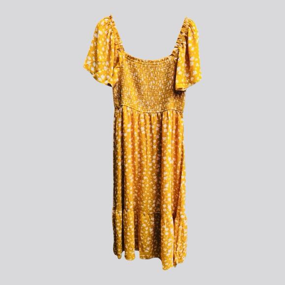 Gold Floral Flutter Sleeve Milkmaid Smocked Midi Dress Whimsical L - Picture 2 of 10